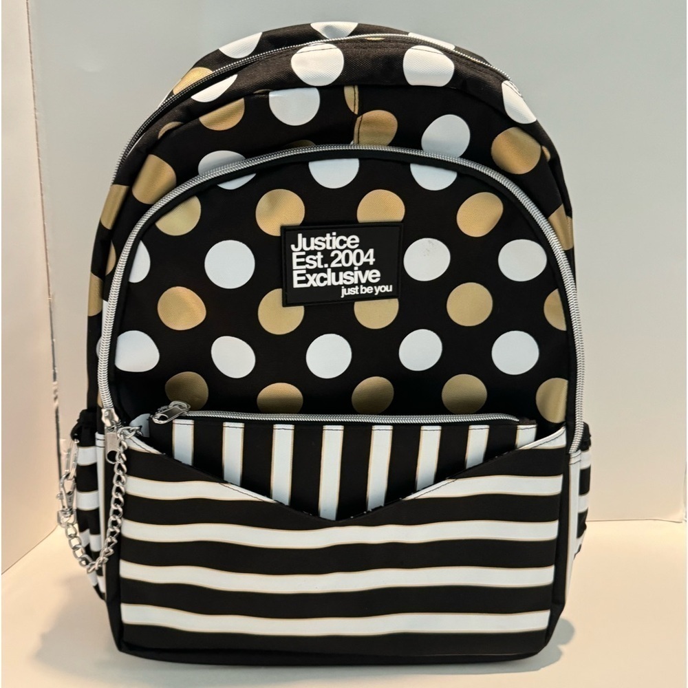 Justice  Exclusive "Just Be You" Gold & White Polka-dot & Strip Backpack bag - Picture 13 of 16